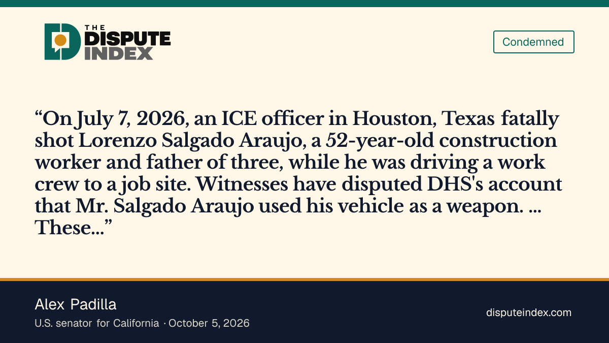 Quote card: Alex Padilla, Padilla co-signs letter citing Salgado Araujo's death as showing inadequate ICE use-of-force training