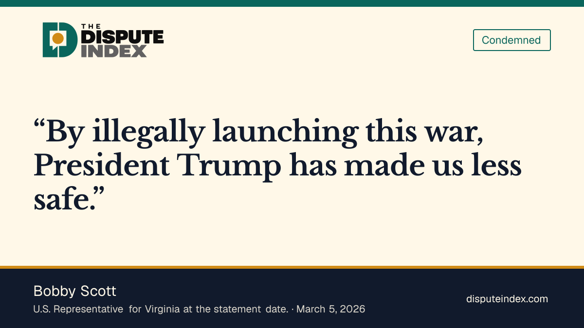 Quote card: Bobby Scott, Bobby Scott calls Trump's Iran war reckless and illegal after voting for a war powers resolution