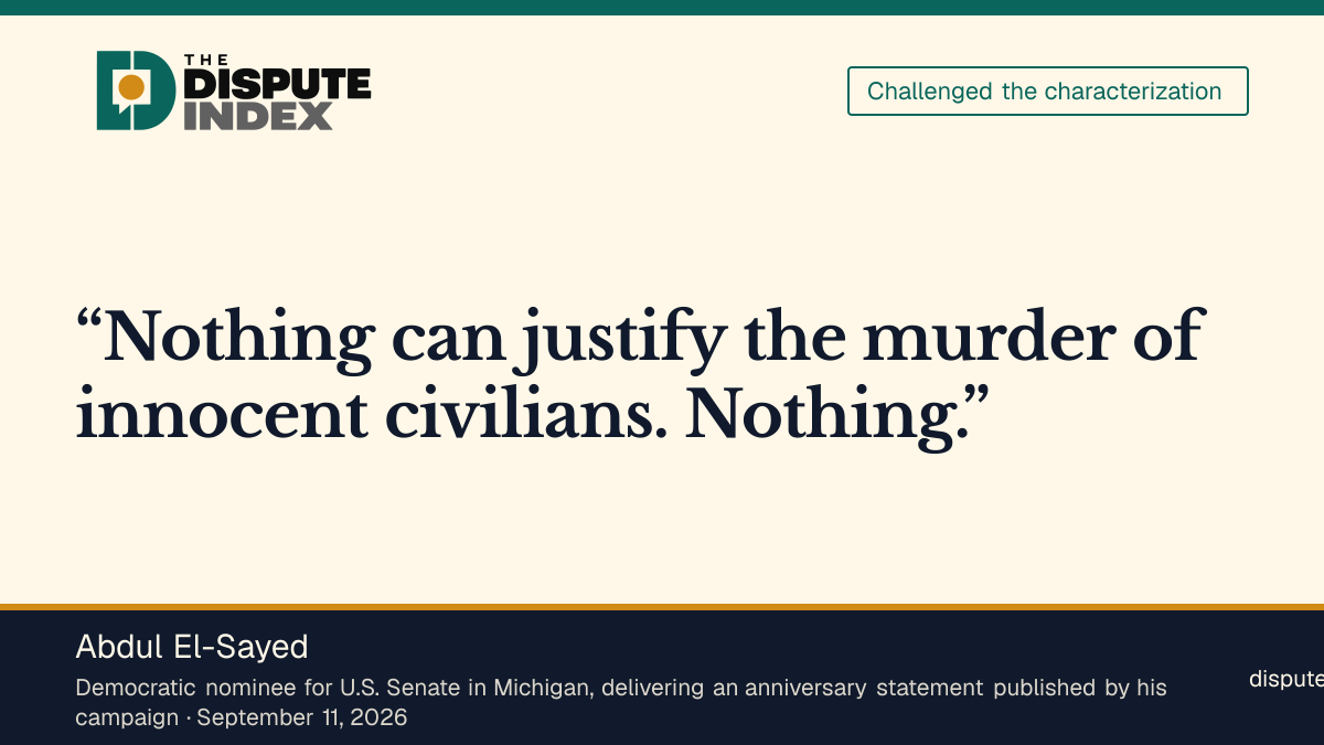 Quote card: Abdul El-Sayed, El-Sayed rejects justification for the September 11 attacks in anniversary statement