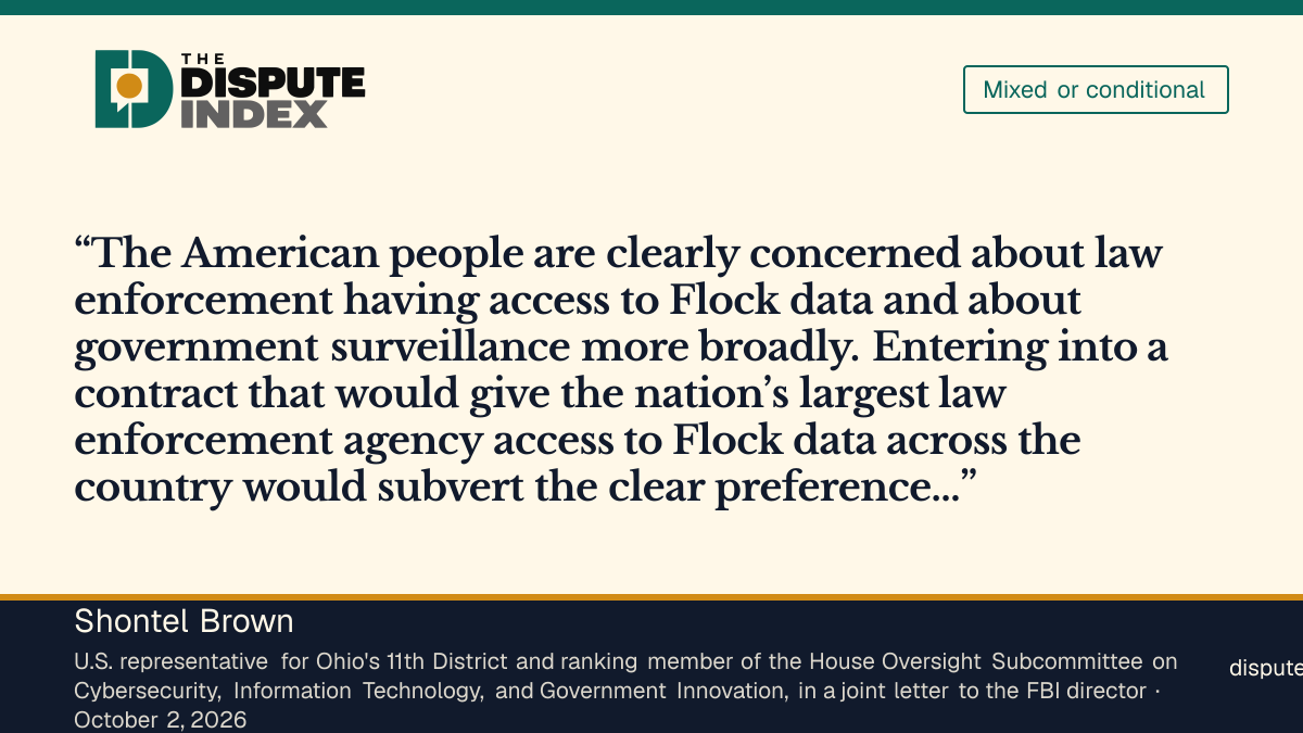 Quote card: Shontel Brown, Brown co-signs letter objecting to FBI access to Flock data across the country
