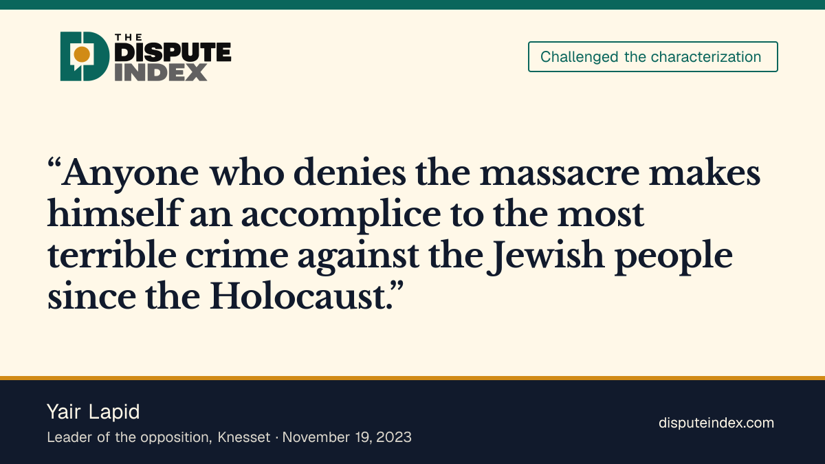 Quote card: Yair Lapid, Yair Lapid calls the Palestinian claim about the Nova massacre "abhorrent and false"