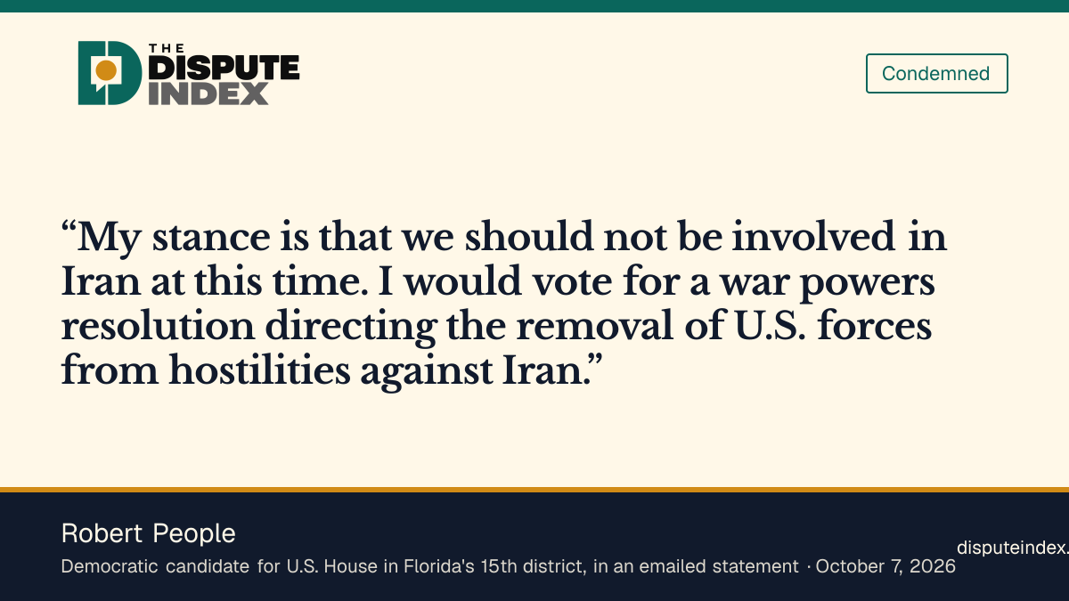 Quote card: Robert People, Robert People would vote for a war powers resolution to remove U.S. forces from hostilities against Iran