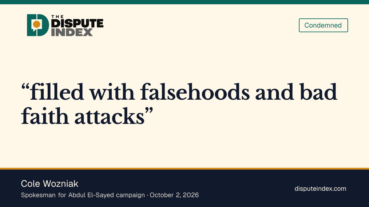 Quote card: Cole Wozniak, El-Sayed campaign spokesman condemns the AI ad