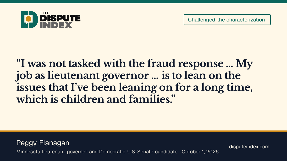 Quote card: Peggy Flanagan, Flanagan says fraud response was outside her assigned duties