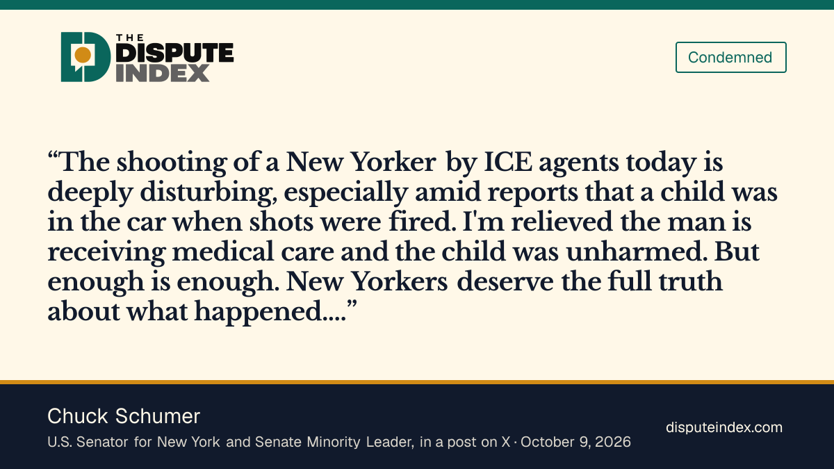 Quote card: Chuck Schumer, Chuck Schumer calls the Marble Hill shooting "deeply disturbing" and says "enough is enough"
