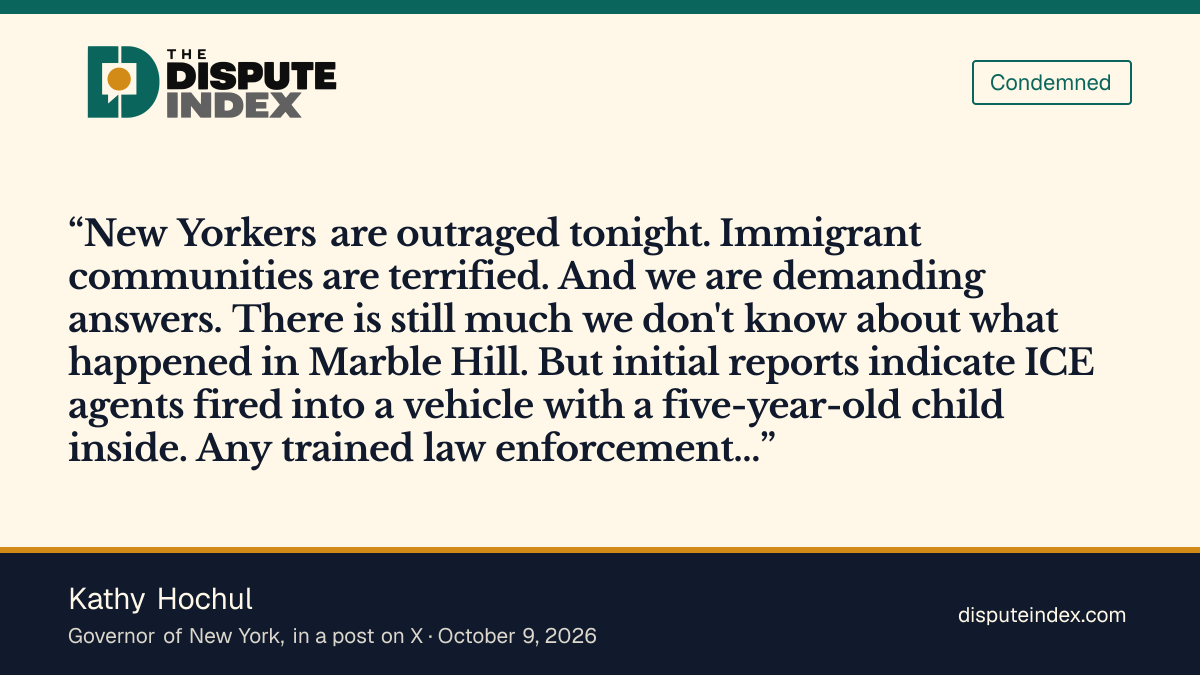 Quote card: Kathy Hochul, Kathy Hochul says "New Yorkers are outraged tonight" after the Marble Hill shooting