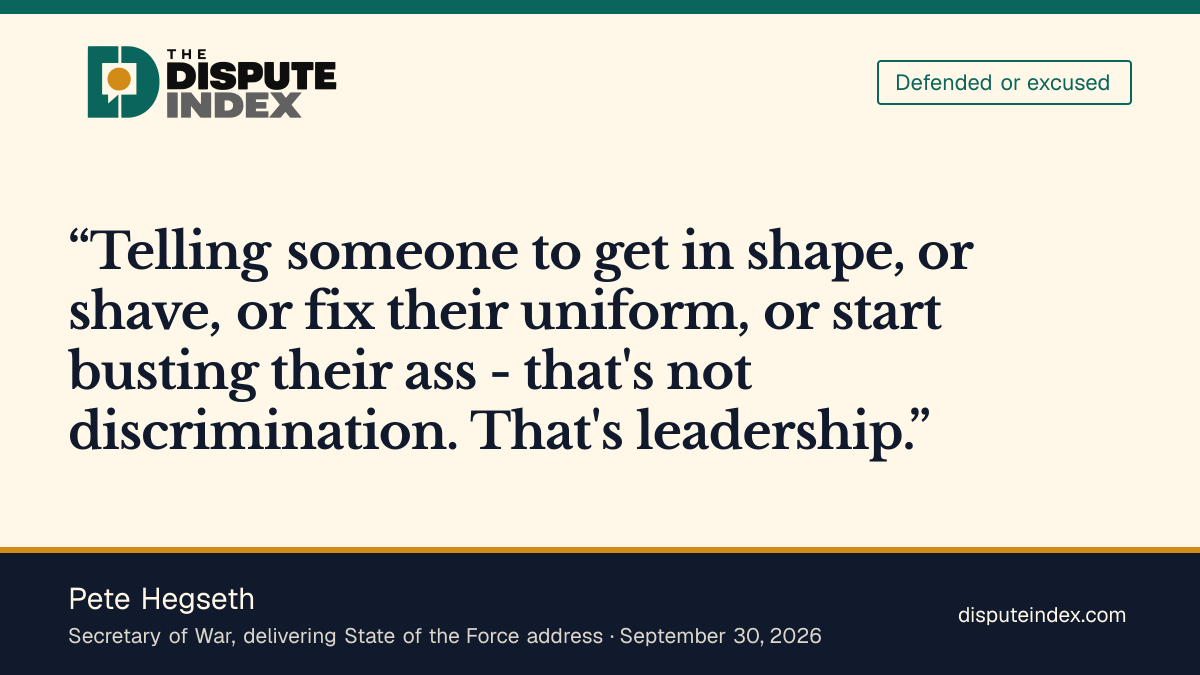 Quote card: Pete Hegseth, Hegseth defends enforcing standards