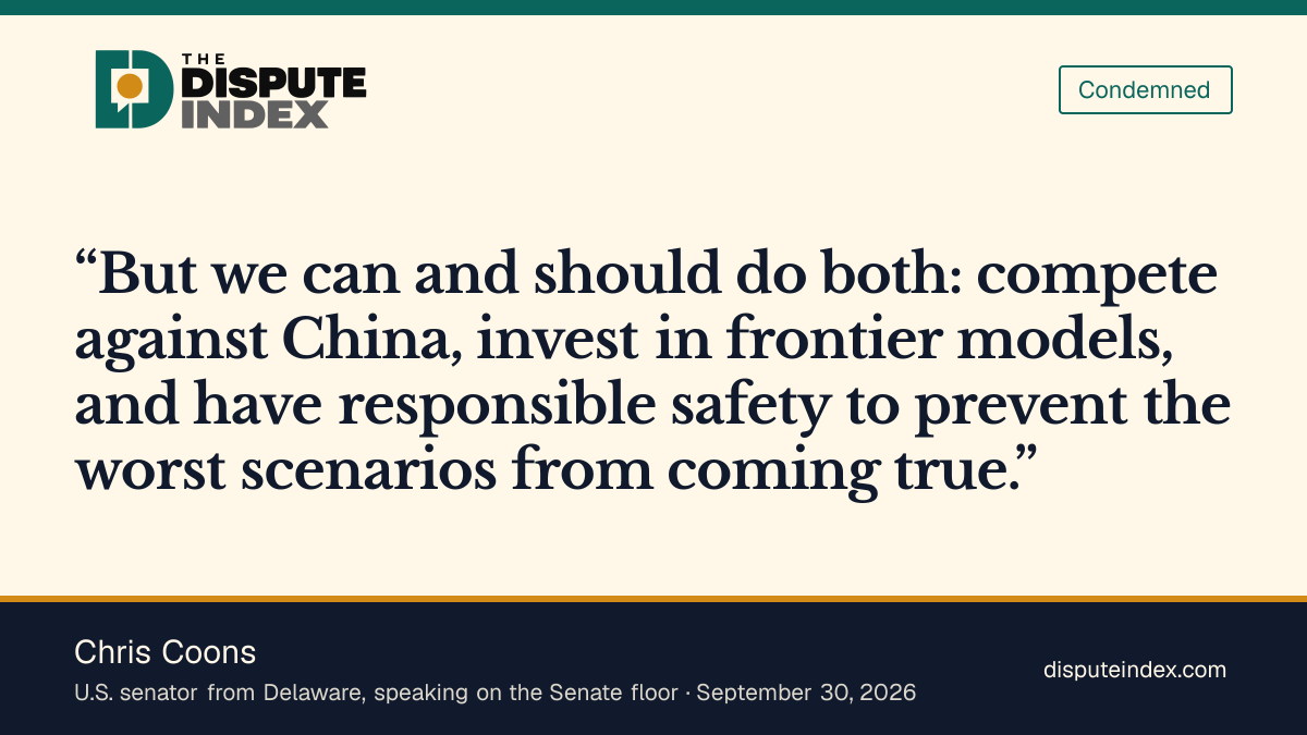 Quote card: Chris Coons, Coons supports AI investment with safeguards