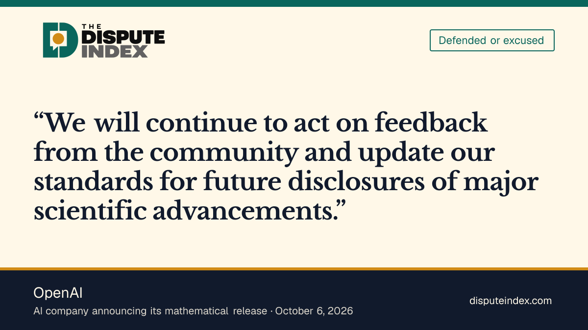 Quote card: OpenAI, OpenAI describes steps to improve mathematical disclosures