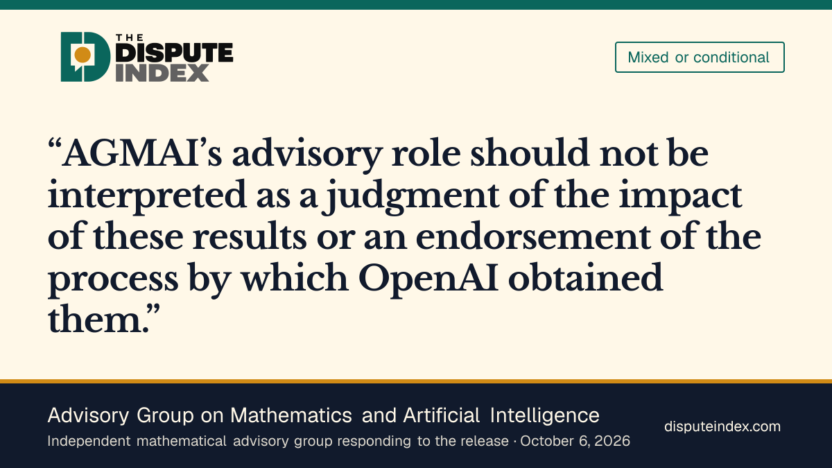Quote card: Advisory Group on Mathematics and Artificial Intelligence, AGMAI calls OpenAI's release a first step, not an endorsement