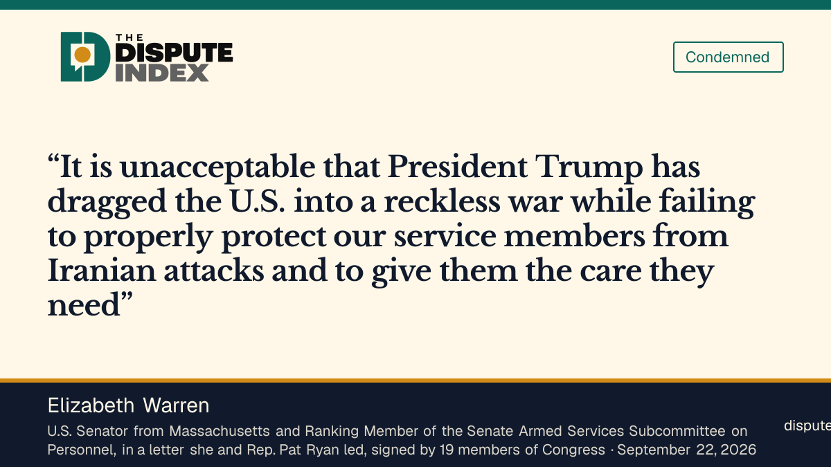 Quote card: Elizabeth Warren, Warren and Ryan, leading 19 members of Congress, say President Trump failed to protect troops and give them care