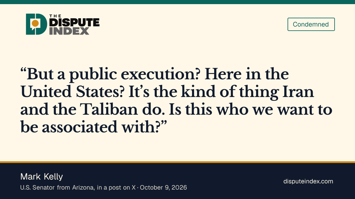 Quote card: Mark Kelly, Mark Kelly says a public execution is "the kind of thing Iran and the Taliban do"