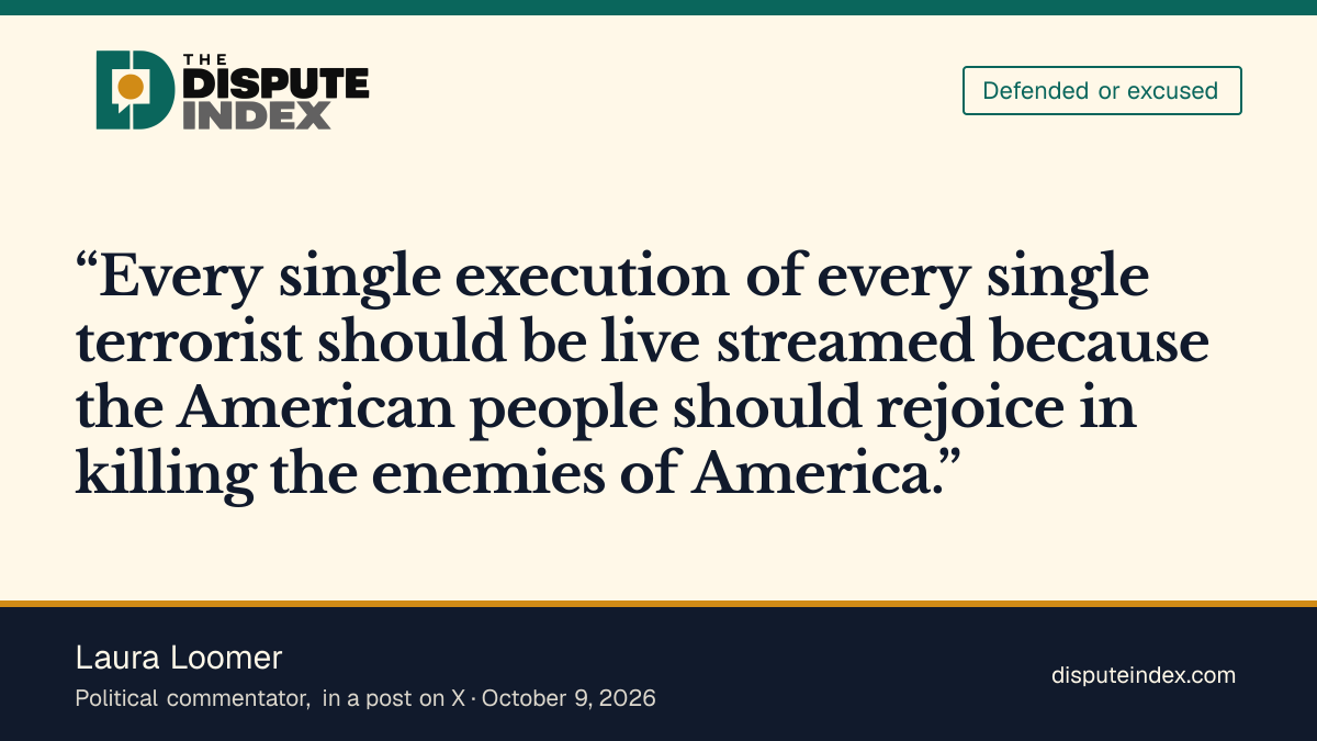Quote card: Laura Loomer, Laura Loomer says every execution of a terrorist "should be live streamed", including Hasan's