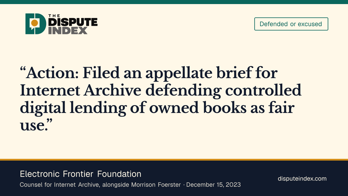 Quote card: Electronic Frontier Foundation, EFF defends controlled digital lending on appeal