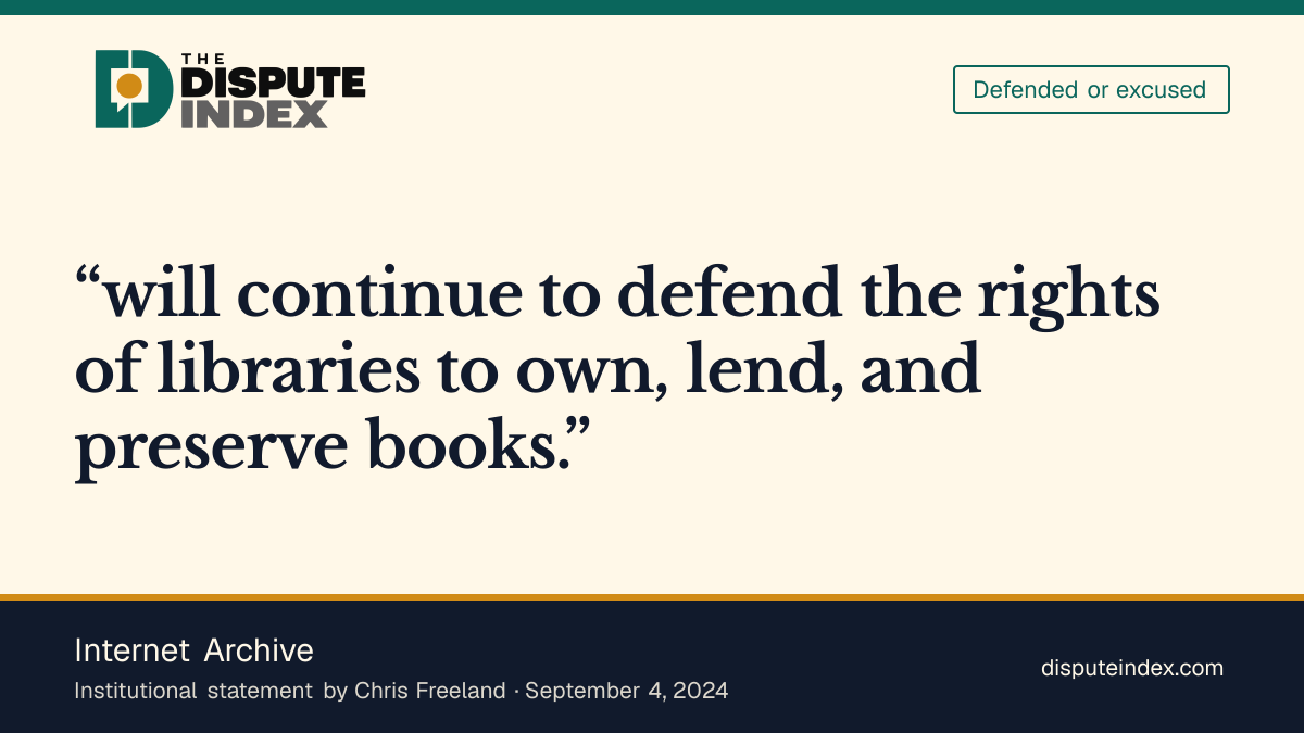 Quote card: Internet Archive, Internet Archive continues to defend library lending rights