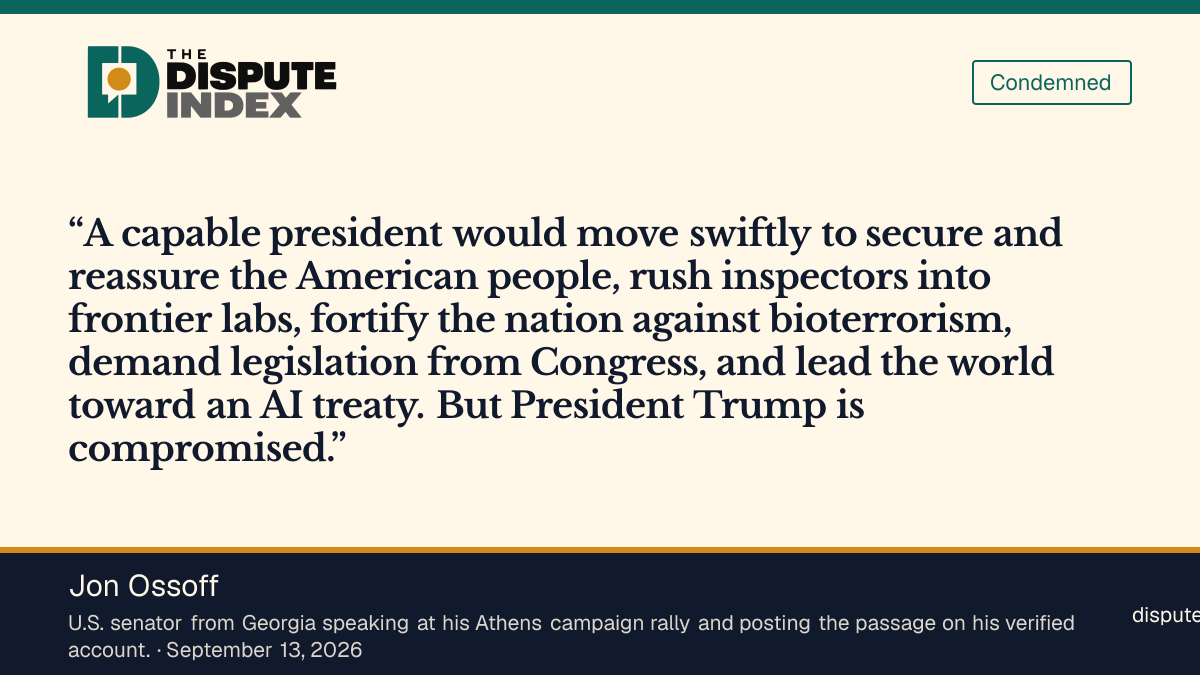 Quote card: Jon Ossoff, Ossoff calls for lab inspections, bioterrorism preparedness, legislation and an AI treaty