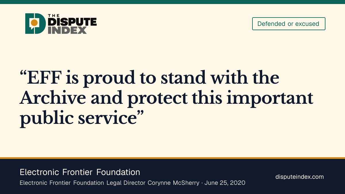 Quote card: Electronic Frontier Foundation, EFF defends Internet Archive's lending as a public service