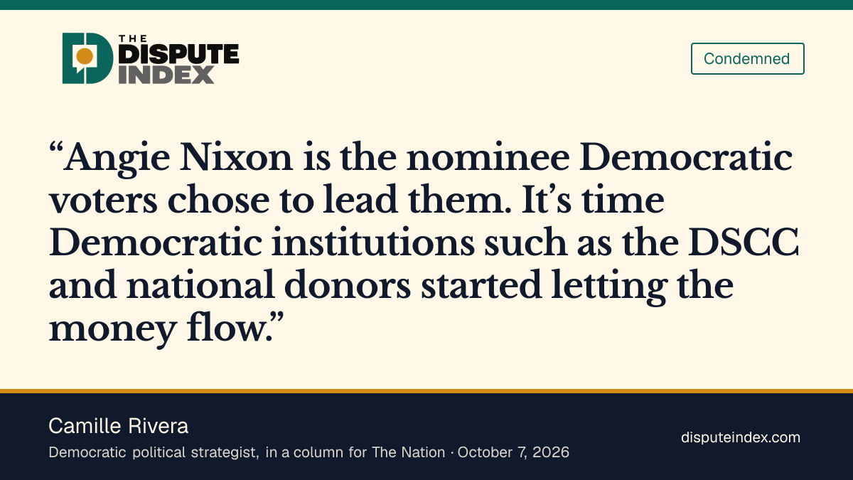 Quote card: Camille Rivera, Camille Rivera says it is time the DSCC and national donors started funding Angie Nixon