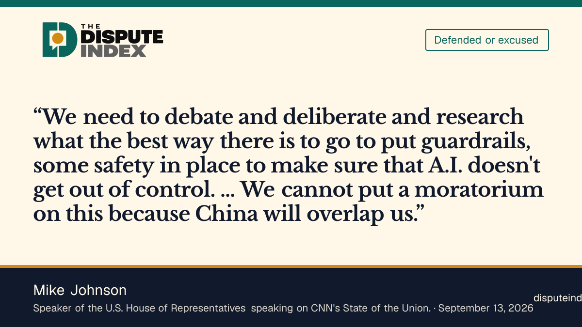 Quote card: Mike Johnson, Johnson supports AI safeguards while opposing an emergency moratorium