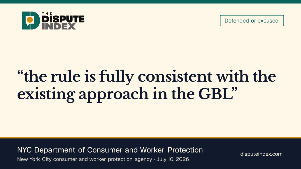 Quote card: NYC Department of Consumer and Worker Protection, DCWP says its click-to-cancel rule is consistent with state law