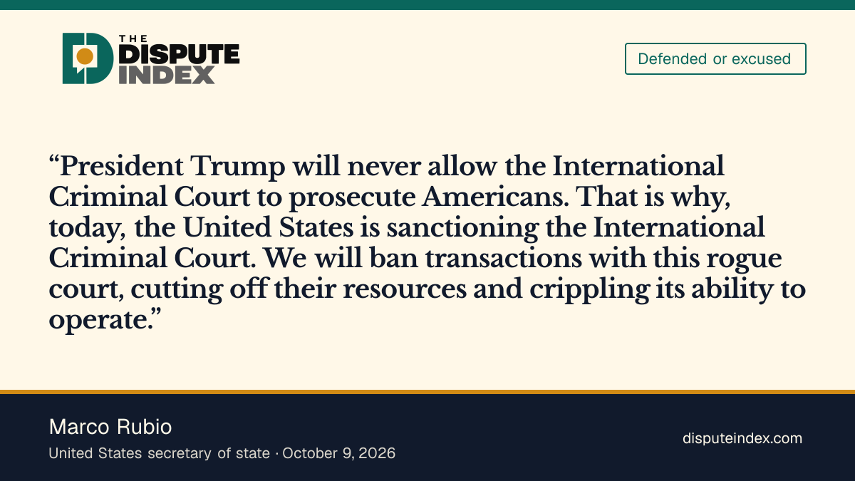 Quote card: Marco Rubio, Rubio defends institutional ICC sanctions
