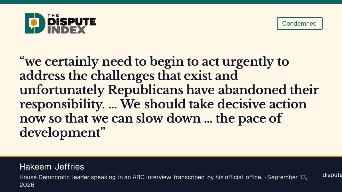 Quote card: Hakeem Jeffries, Jeffries calls for urgent action to slow AI development