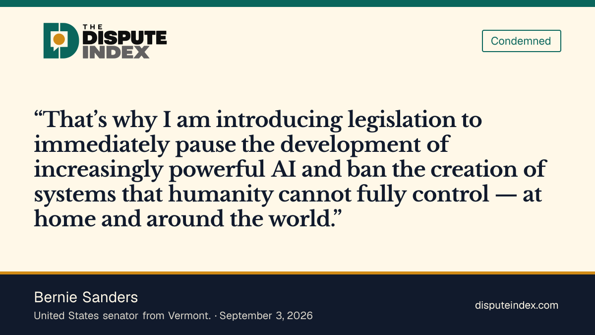 Quote card: Bernie Sanders, Sanders calls for a pause on increasingly powerful AI