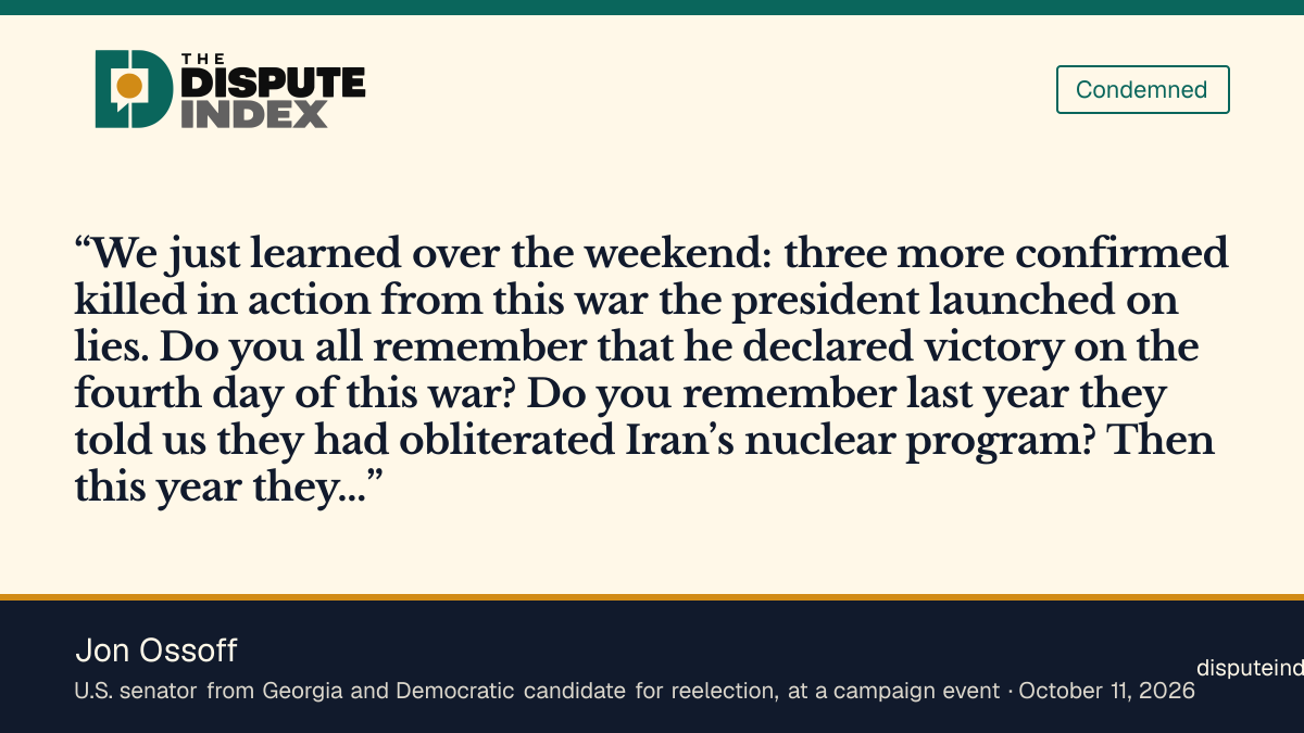 Quote card: Jon Ossoff, Jon Ossoff says the president launched the Iran war on lies