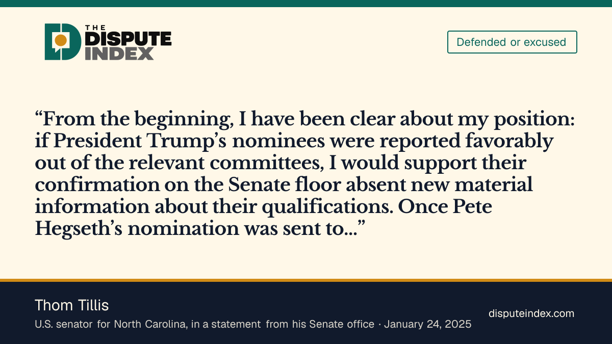 Quote card: Thom Tillis, Tillis says he deferred to the committee and did his own due diligence before voting yes