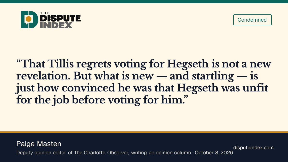 Quote card: Paige Masten, Paige Masten says Tillis voted for Hegseth despite believing he was unfit