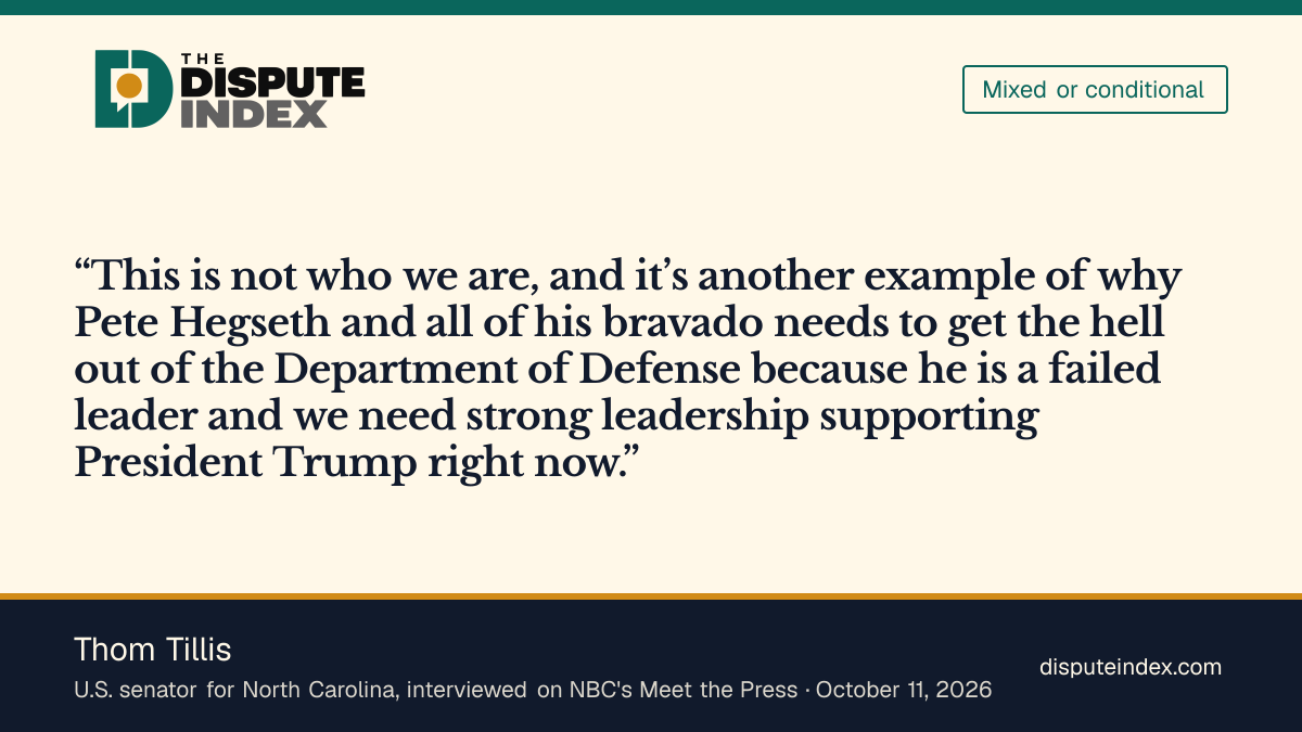 Quote card: Thom Tillis, Tillis says Hegseth needs to get out of the Department of Defense