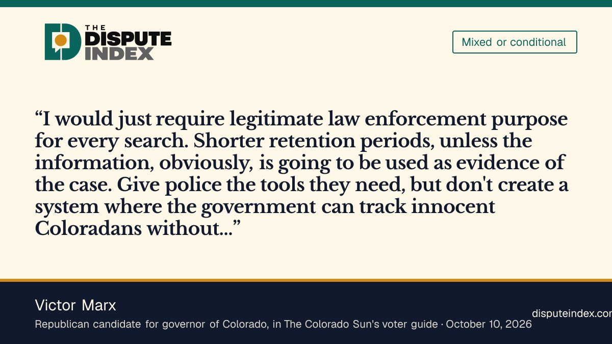 Quote card: Victor Marx, Victor Marx would require a "legitimate law enforcement purpose for every search" and shorter retention