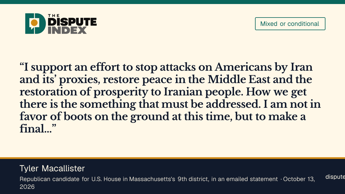 Quote card: Tyler Macallister, Tyler Macallister supports stopping Iranian attacks on Americans but opposes boots on the ground for now