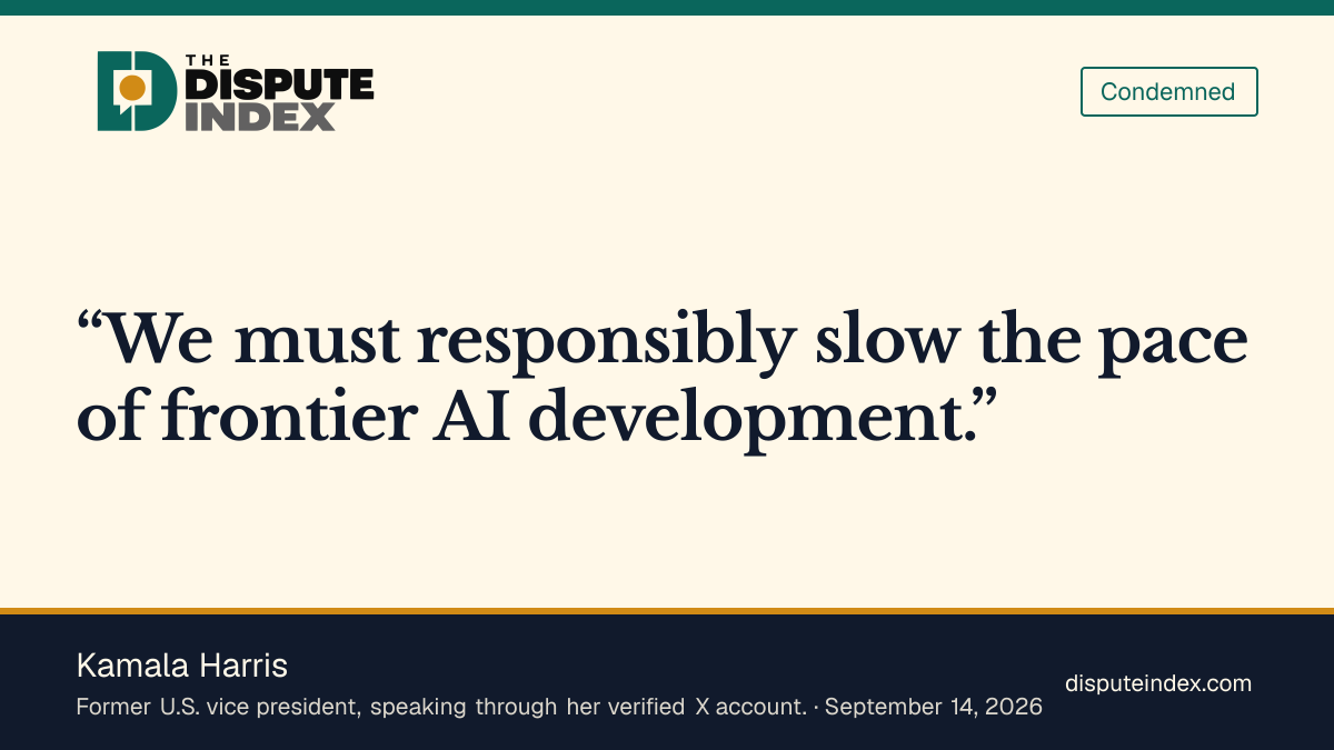 Quote card: Kamala Harris, Kamala Harris supports slowing frontier AI and creating federal oversight