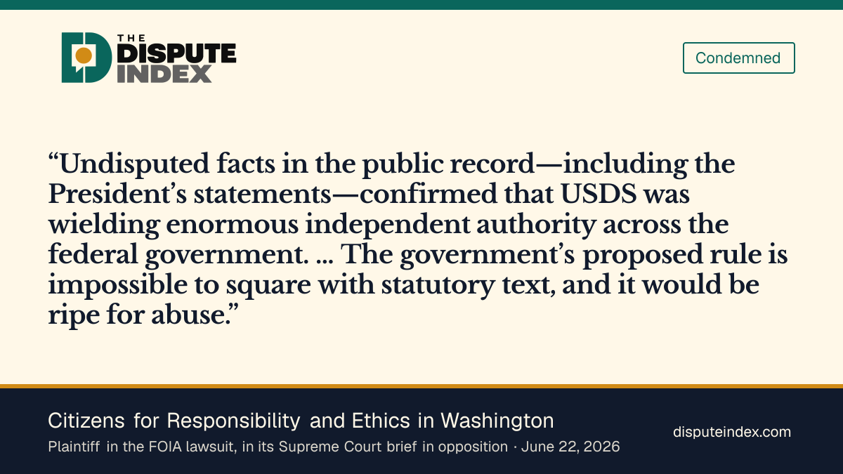 Quote card: Citizens for Responsibility and Ethics in Washington, CREW says the government's rule against discovery conflicts with FOIA's text
