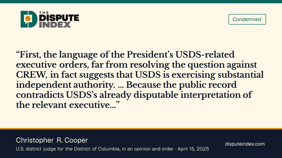 Quote card: Christopher R. Cooper, Judge Cooper says the public record supports discovery into USDS's authority