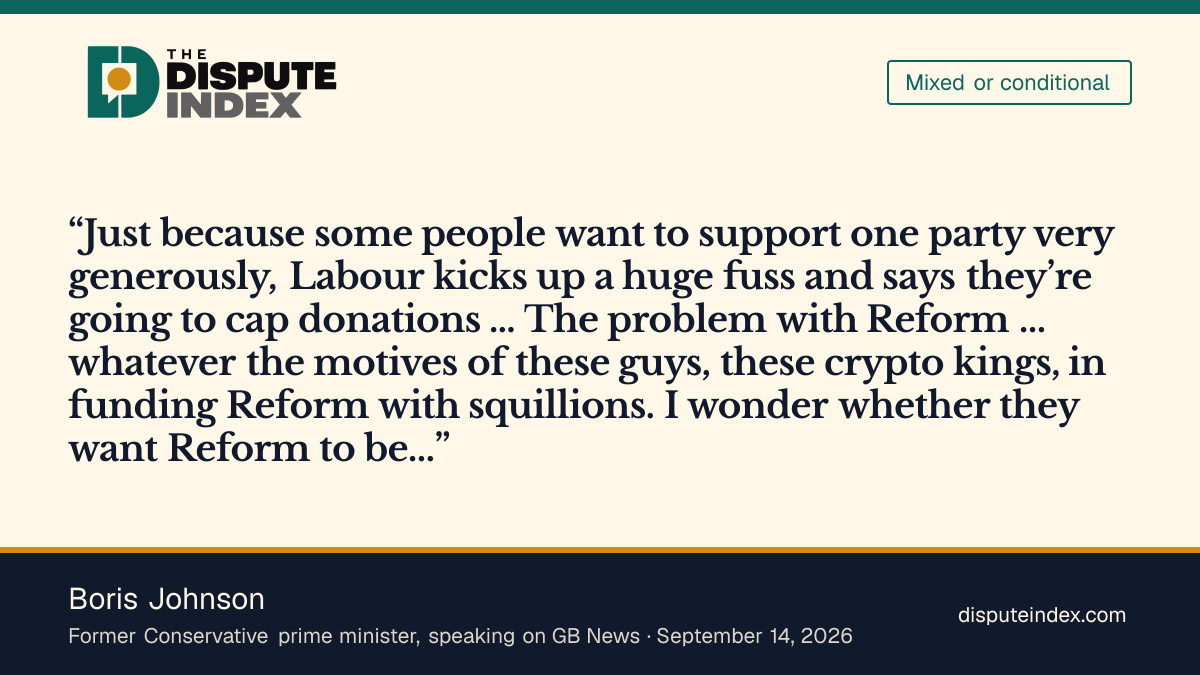 Quote card: Boris Johnson, Boris Johnson objects to a cap but questions the crypto donors' motives
