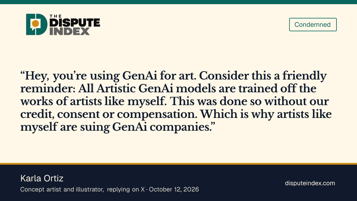 Quote card: Karla Ortiz, Karla Ortiz tells Tim Sweeney that artistic AI models were trained on artists' work without consent