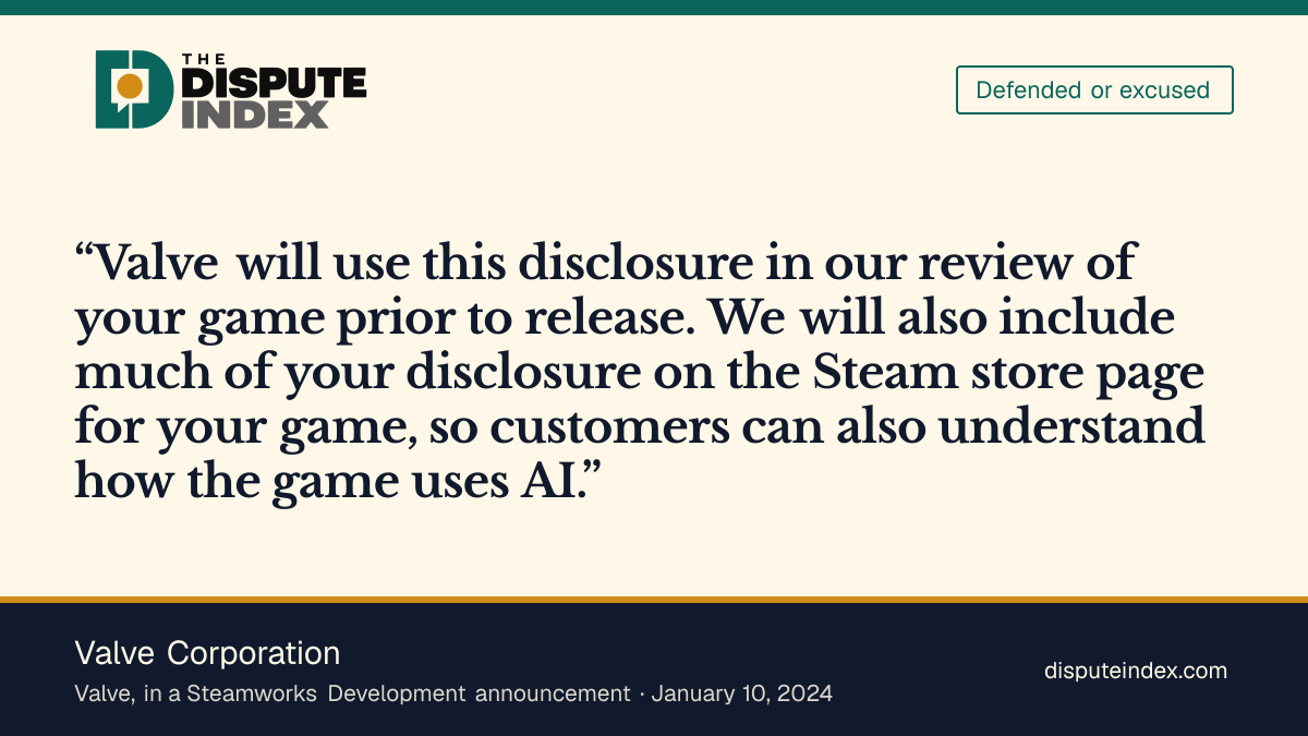 Quote card: Valve Corporation, Valve says Steam store pages will show AI disclosures so customers understand how games use AI