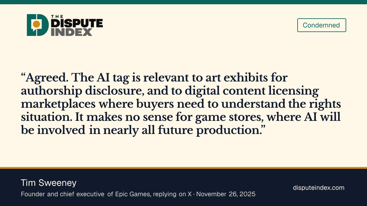 Quote card: Tim Sweeney, Tim Sweeney says an AI tag makes no sense for game stores