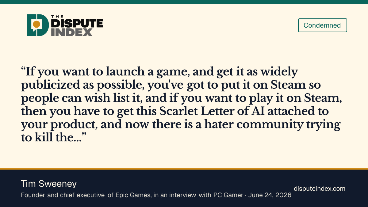Quote card: Tim Sweeney, Tim Sweeney calls Steam's AI disclosure requirement "really irresponsible of Valve"