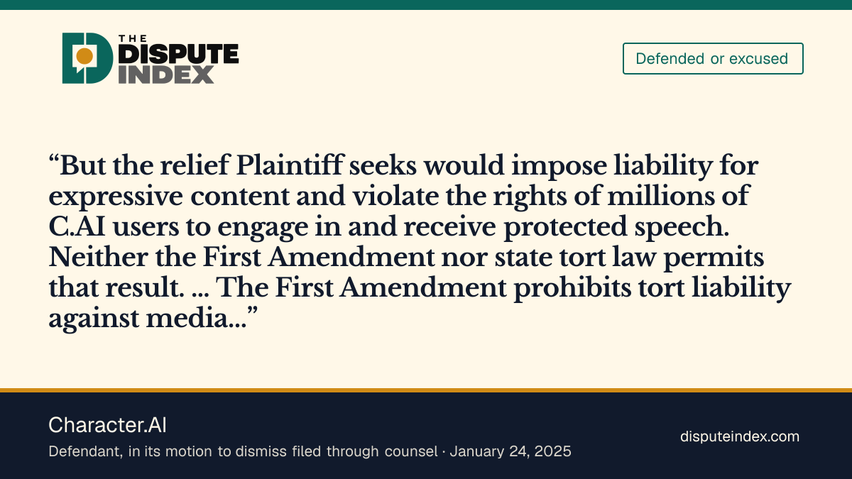 Quote card: Character.AI, Character.AI says the First Amendment bars the claims