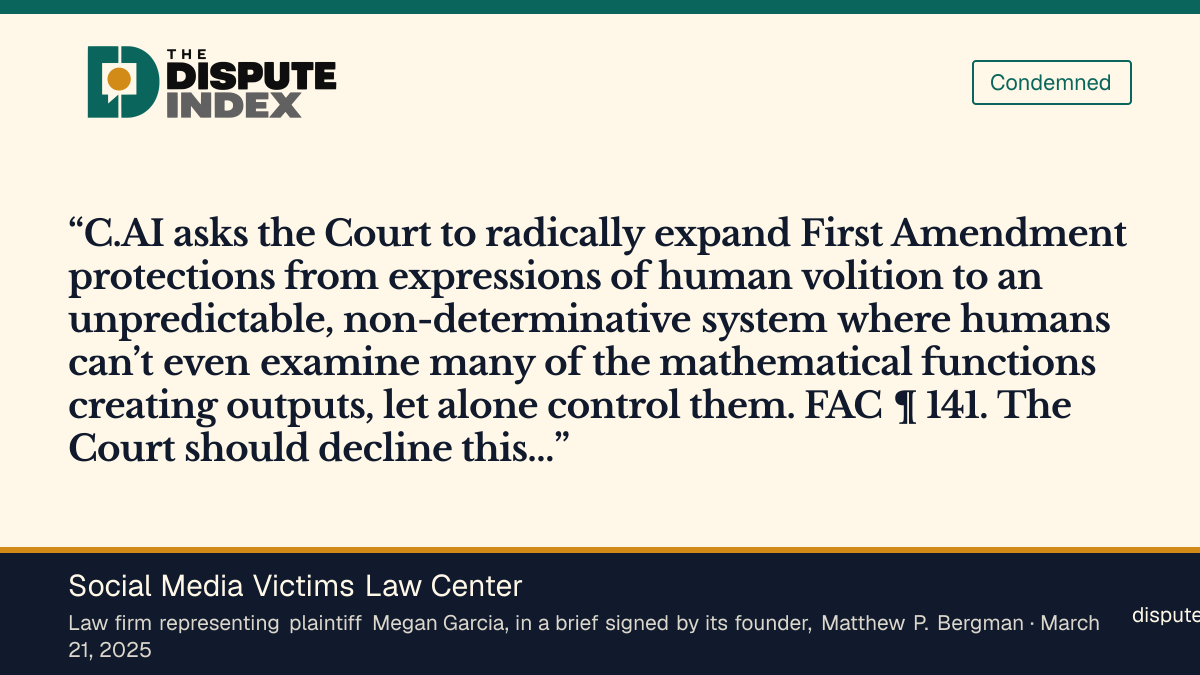 Quote card: Social Media Victims Law Center, Garcia's lawyers say chatbot output lacks the human intent speech requires