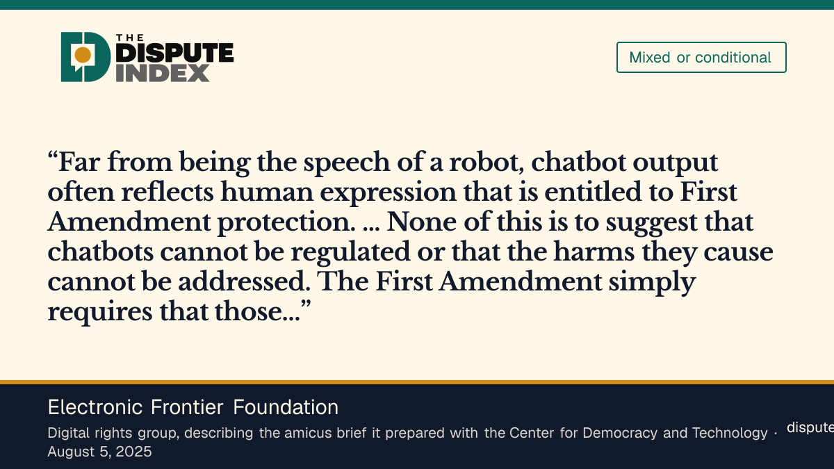Quote card: Electronic Frontier Foundation, EFF says chatbot output can be protected expression but harms can be addressed