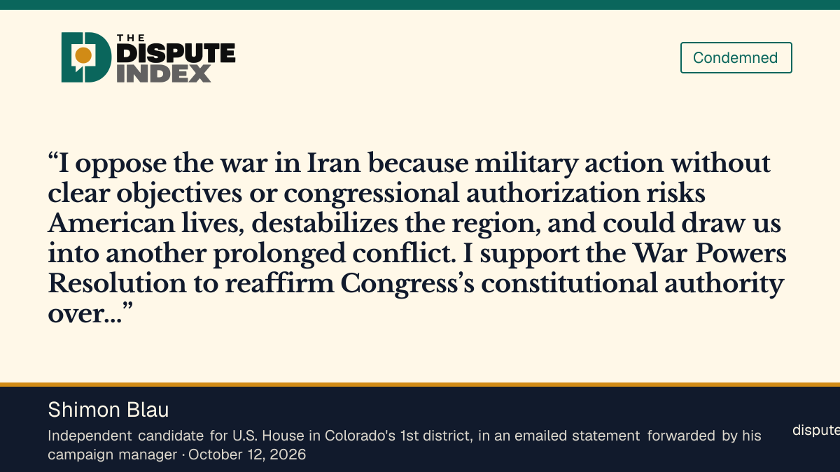 Quote card: Shimon Blau, Shimon Blau says he opposes the Iran war and supports the War Powers Resolution