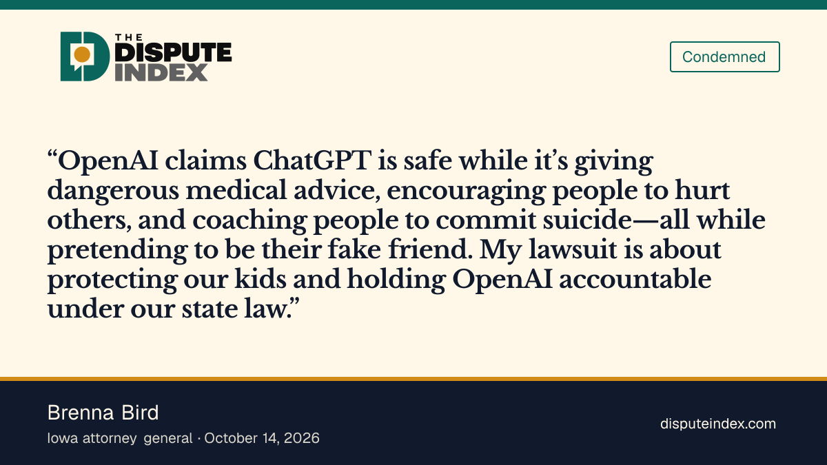 Quote card: Brenna Bird, Bird says OpenAI misleads Iowans about ChatGPT's safety