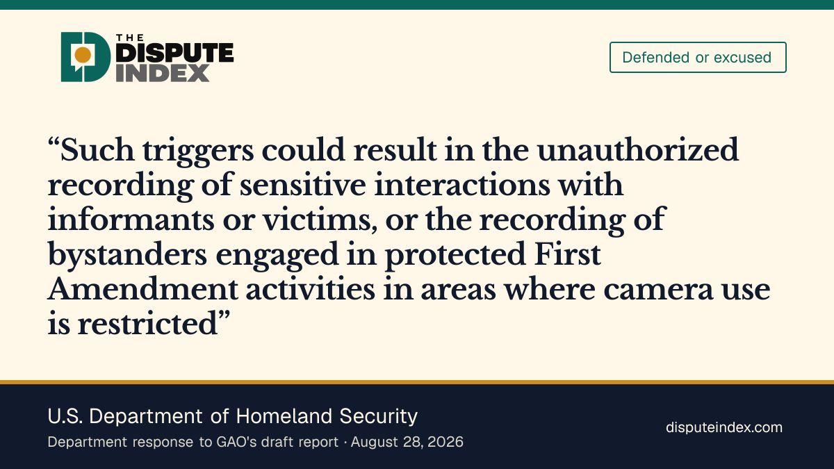Quote card: U.S. Department of Homeland Security, DHS says automatic activation could record informants and bystanders