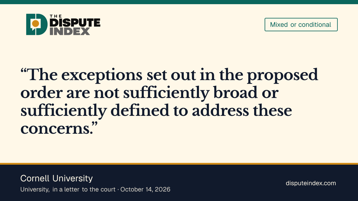 Quote card: Cornell University, Cornell seeks clearer exceptions to proposed order