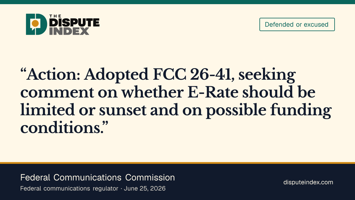 Quote card: Federal Communications Commission, FCC asks whether E-Rate should be narrowed or ended