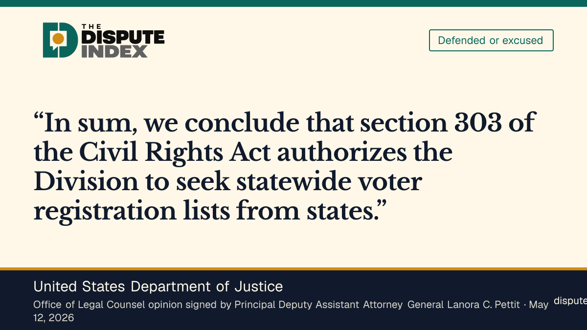 Quote card: United States Department of Justice, OLC defends DOJ's authority to obtain voter lists